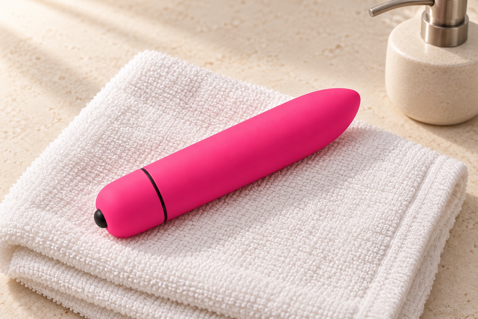 Mia fuchsia posé sur une serviette de coton blanc propre, sur une table en pierre claire.