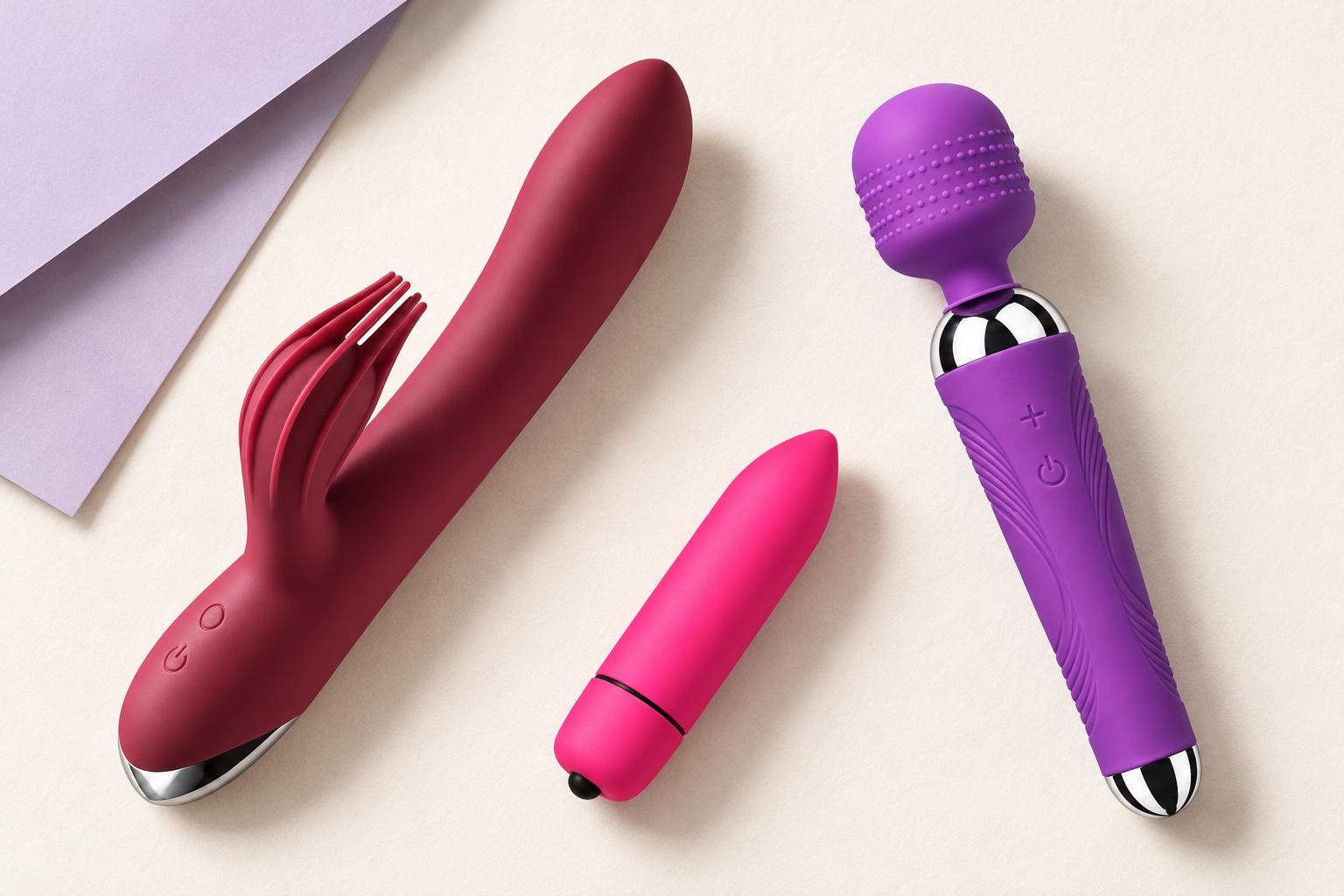 Trois formats côte à côte : Maya bordeaux, le petit bullet Mia fuchsia et la wand Lola violette.